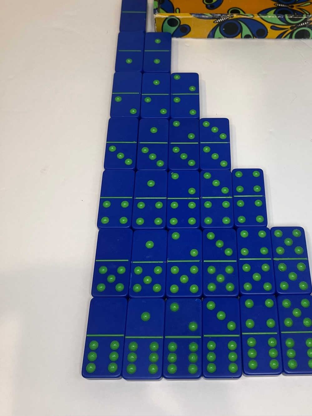 Vintage Blue Green Double Six Dominoes Set Complete with Retro Butterfly Box